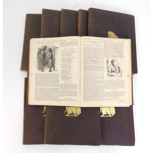 356 - Book: 9 volumes of '' Punch '' covering the years 1858-1862, to include volumes  34, 35, 36, 38, 39,... 