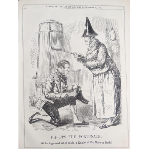 356 - Book: 9 volumes of '' Punch '' covering the years 1858-1862, to include volumes  34, 35, 36, 38, 39,... 