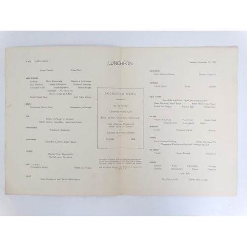 375 - Two  cruise ship menus , to include a 1957 Cunard Luncheon menu from the RMS '' Queen Mary '' and a ... 