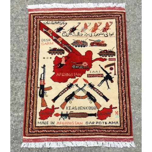 56 - Carpet / Rug: An Afghanistan War Rug , prayer rug sized , depicting the leaving of the country by th... 