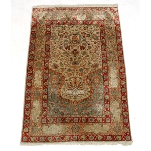 58 - Carpet / Rug:  A fine Herake Turkish Silk prayer rug having forward border with Islamic / Koran word... 