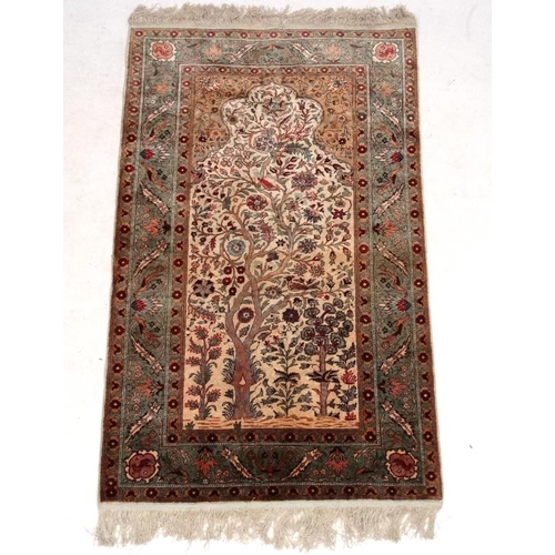 59 - Carpet / Rug:  an antique Kafiri Turkish pure silk prayer rug with central tree design having birds ... 