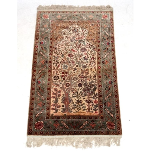 59 - Carpet / Rug:  an antique Kafiri Turkish pure silk prayer rug with central tree design having birds ... 