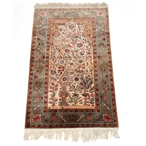 59 - Carpet / Rug:  an antique Kafiri Turkish pure silk prayer rug with central tree design having birds ... 