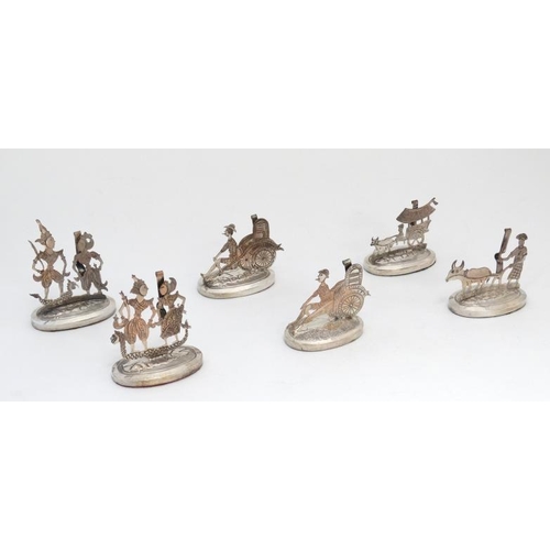 624 - A set of 6 silver table place card / menu holders depicting various Eastern figures involved in vari... 