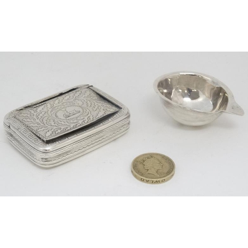 642 - A Geo III silver snuff box with engraved decoration hallmarked Birmingham 1912 together with an Iris... 