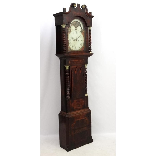 65 - Longcase Clock : an Indistinctly signed early 19thC 14'' breakarch painted dial with rolling moon, r... 