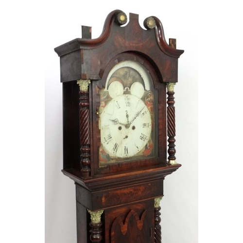 65 - Longcase Clock : an Indistinctly signed early 19thC 14'' breakarch painted dial with rolling moon, r... 