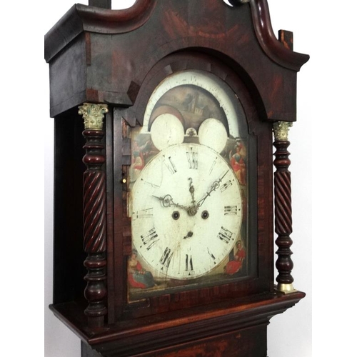 65 - Longcase Clock : an Indistinctly signed early 19thC 14'' breakarch painted dial with rolling moon, r... 