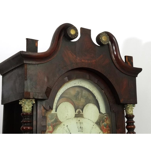 65 - Longcase Clock : an Indistinctly signed early 19thC 14'' breakarch painted dial with rolling moon, r... 