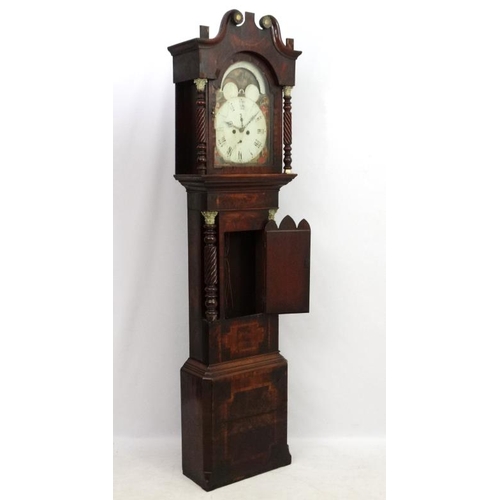 65 - Longcase Clock : an Indistinctly signed early 19thC 14'' breakarch painted dial with rolling moon, r... 