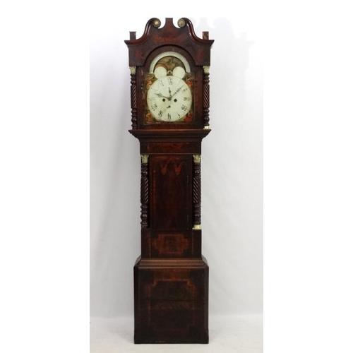 65 - Longcase Clock : an Indistinctly signed early 19thC 14'' breakarch painted dial with rolling moon, r... 