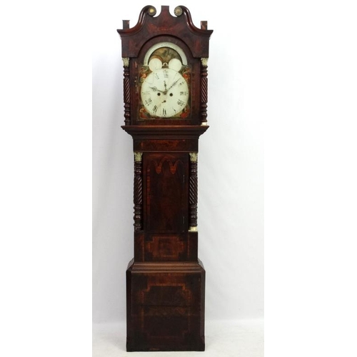 65 - Longcase Clock : an Indistinctly signed early 19thC 14'' breakarch painted dial with rolling moon, r... 