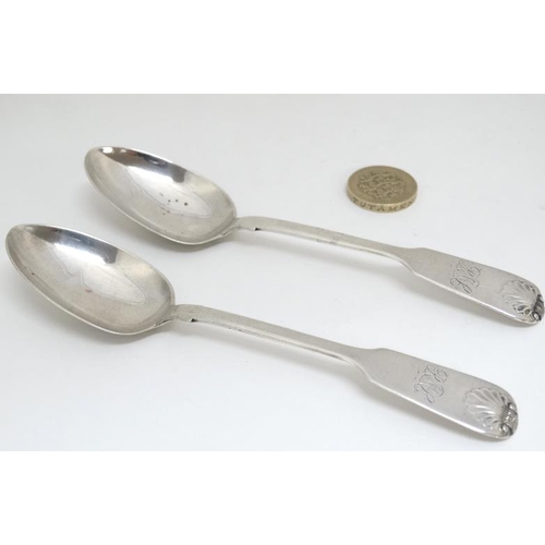 657 - A pair of silver fiddle and shell pattern teaspoons hallmarked Newcastle 1861 maker Thomas Sewell 5 ... 