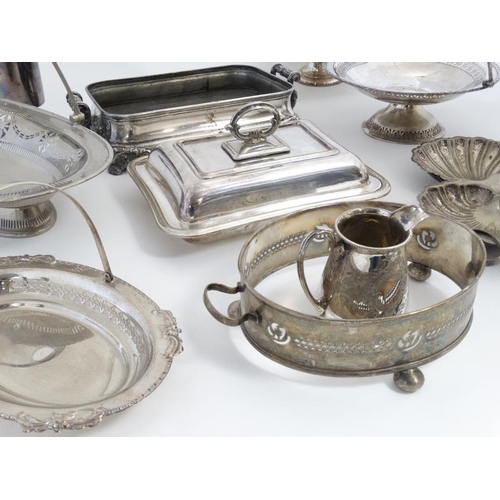 674 - A quantity of  assorted silver plated wares to include entre dishes, vase, cake basket etc.