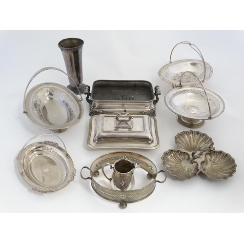 674 - A quantity of  assorted silver plated wares to include entre dishes, vase, cake basket etc.