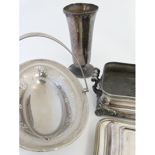 674 - A quantity of  assorted silver plated wares to include entre dishes, vase, cake basket etc.