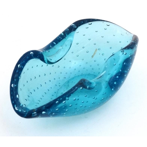 682 - Retro Art Glass : A Whitefriars style studio aqua turquoise glass bowl with bubble inclusions 6 3/4'... 