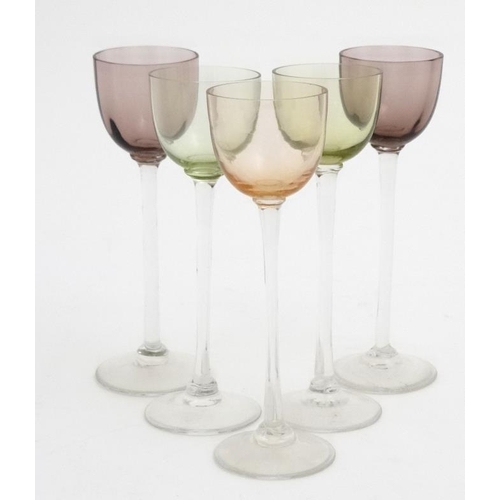 691 - 5 Retro glass liquor glasses, the coloured bowls on clear glass stems 5 3/4'' high