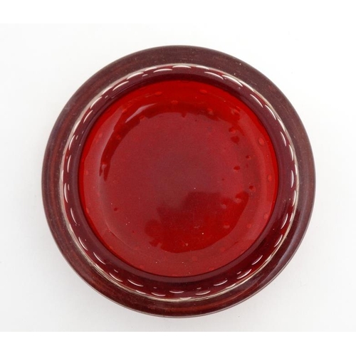 696 - Retro glass : A Whitefriars style red glass bowl with air bubble inclusions,. 6'' diameter