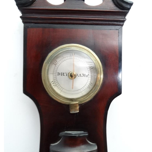 70 - Wheel Barometer : ' W . Fraser London ' an early to mid 19 thC flame mahogany 3 glass barometer with... 