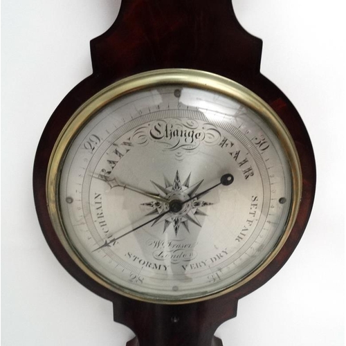 70 - Wheel Barometer : ' W . Fraser London ' an early to mid 19 thC flame mahogany 3 glass barometer with... 