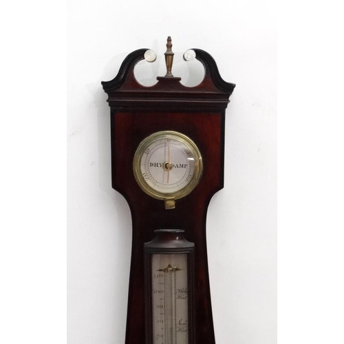 70 - Wheel Barometer : ' W . Fraser London ' an early to mid 19 thC flame mahogany 3 glass barometer with... 