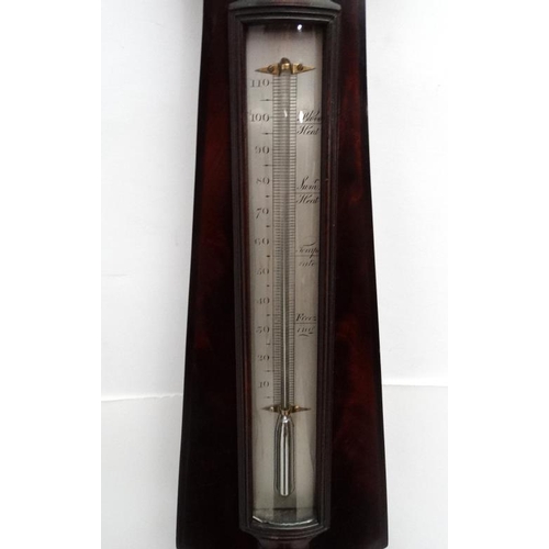 70 - Wheel Barometer : ' W . Fraser London ' an early to mid 19 thC flame mahogany 3 glass barometer with... 