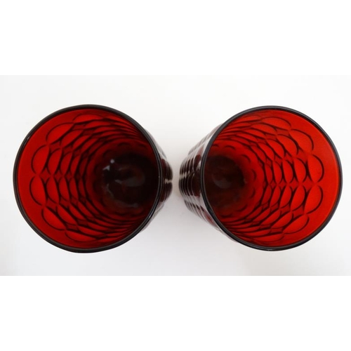 709 - A pair of retro 20thC Anchor & Hocking red glass high ball glasses with raised dimple decoration. 5 ... 