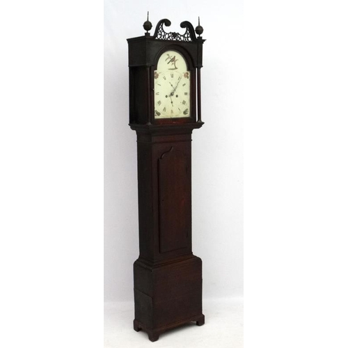 71 - 19thC Longcase : An early mahogany stained oak cased 12'' painted breakarch dial 8 day Grandfather c... 