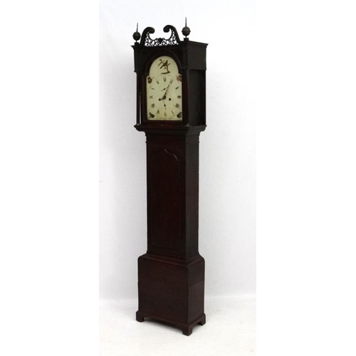 71 - 19thC Longcase : An early mahogany stained oak cased 12'' painted breakarch dial 8 day Grandfather c... 