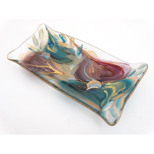 713 - A glass dish with hand painted turquoise, amethyst and gilt decoration 11 1/2'' long x 6''wide