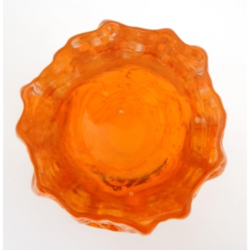 728 - Retro glass : An orange glass bark vase of cylindrical form. Probably by Whitefriars. 7 1/2'' high