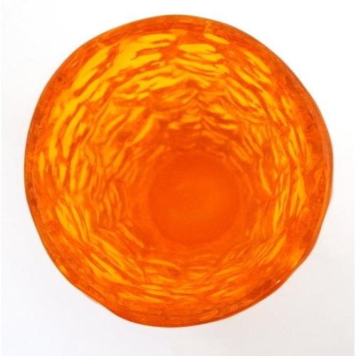 728 - Retro glass : An orange glass bark vase of cylindrical form. Probably by Whitefriars. 7 1/2'' high