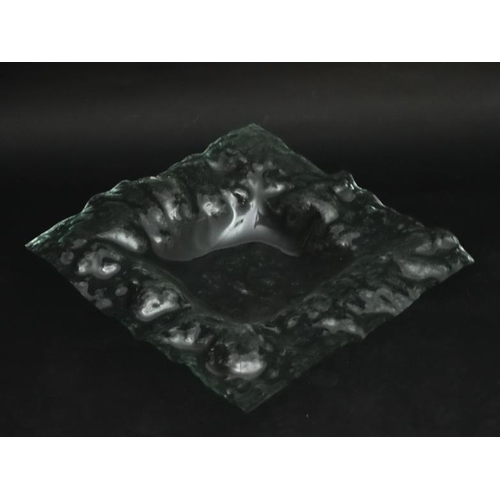 733 - Art Glass : A large Italian Art glass centre piece dish of  textured squared form, clear - green . P... 