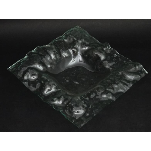 733 - Art Glass : A large Italian Art glass centre piece dish of  textured squared form, clear - green . P... 