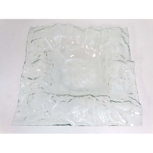 733 - Art Glass : A large Italian Art glass centre piece dish of  textured squared form, clear - green . P... 