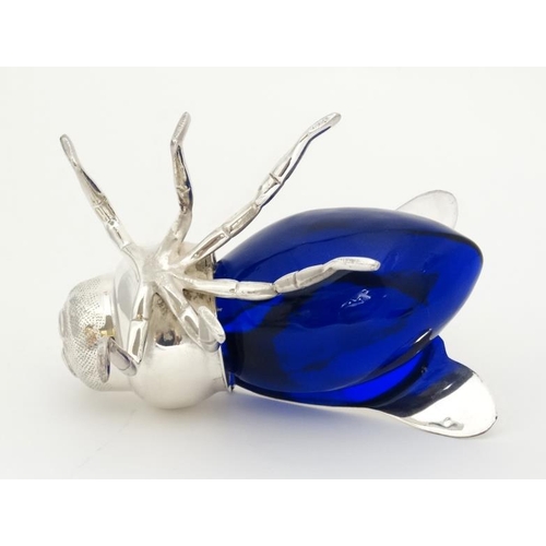 742 - A late 20thC / early 21stC novelty honey pot formed as a bee with blue glass body and silver plated ... 