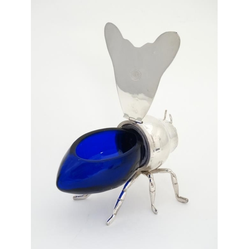 742 - A late 20thC / early 21stC novelty honey pot formed as a bee with blue glass body and silver plated ... 