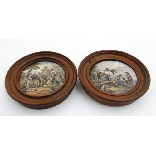 755 - Two Prattware pot lids the 'Village Wedding' and The Skewbald Horse approx 4'' wide. (2)