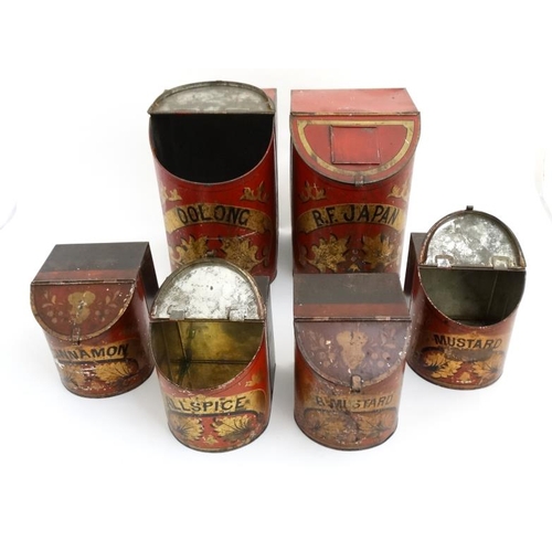 766 - A set of shop tea tins red tole-peint with black and gold decoration with banners for 'oolong' 'B.F.... 