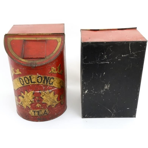 766 - A set of shop tea tins red tole-peint with black and gold decoration with banners for 'oolong' 'B.F.... 