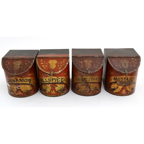 766 - A set of shop tea tins red tole-peint with black and gold decoration with banners for 'oolong' 'B.F.... 