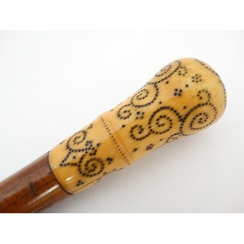 787 - An 18thC walking stick with ivory piquet work handle, malalaca shaft and later white metal ferrule 3... 