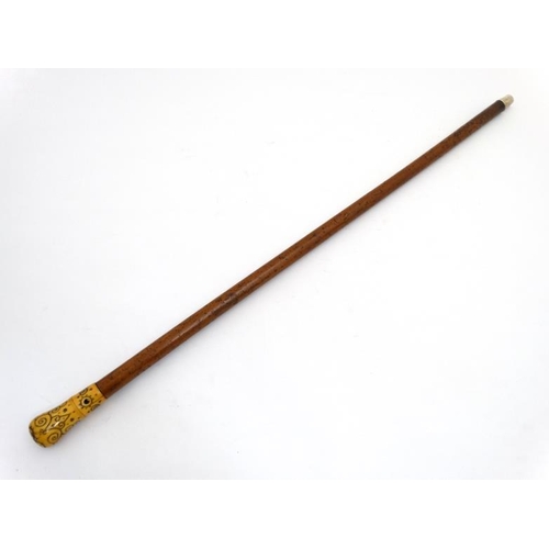 787 - An 18thC walking stick with ivory piquet work handle, malalaca shaft and later white metal ferrule 3... 