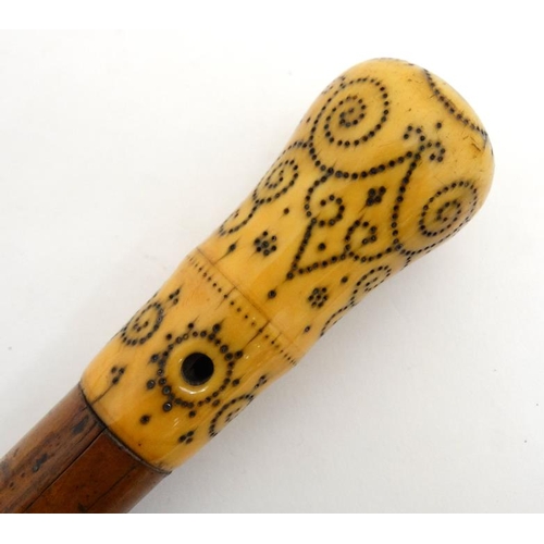 787 - An 18thC walking stick with ivory piquet work handle, malalaca shaft and later white metal ferrule 3... 