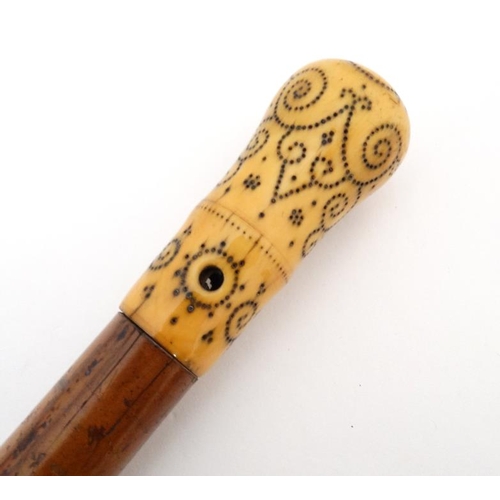 787 - An 18thC walking stick with ivory piquet work handle, malalaca shaft and later white metal ferrule 3... 