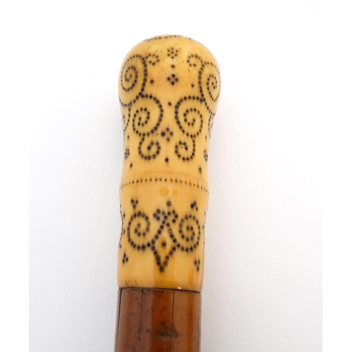 787 - An 18thC walking stick with ivory piquet work handle, malalaca shaft and later white metal ferrule 3... 