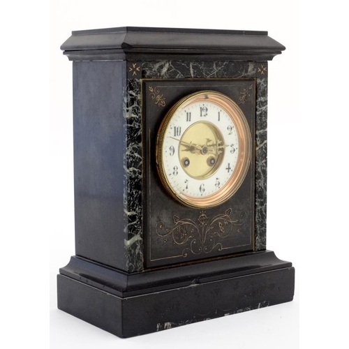 79 - Marble Mantle Clock  : a Slate cased and marble cased 8 Day 5'' dial mantle clock striking on a coil... 