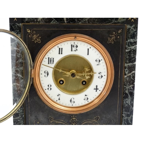 79 - Marble Mantle Clock  : a Slate cased and marble cased 8 Day 5'' dial mantle clock striking on a coil... 